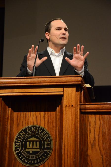 Justin Wainscott, senior pastor of First Baptist Church of Jackson, speaks in chapel. - Photo by Zac Calvert