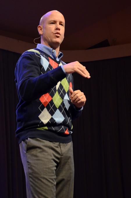 Jimmy Scroggins, pastor of First Baptist Church in West Palm Beach, Fla.,  speaks about bitterness in chapel during faith and practice week.  - Photo by Anne Richoux