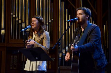 Bethany Gaines, freshman elementary education major, and TJ Hester, senior philosophy major, lead music in chapel during Faith in Practice week.  - Photo by Anne Richoux