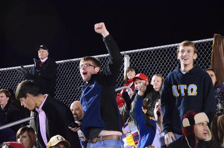 Elmer Smith, senior chemistry major, and Stephen Hauss, Bulldog Soccer Team scores against Trevecca Nazarene University for a 2-0 victory in their last match of the season. - Photo by Zac Calvert