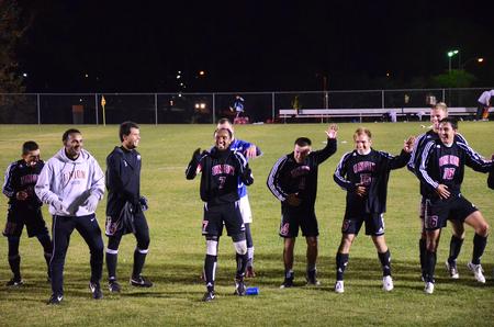 William Murray (7) leads the Bulldog Soccer Team in a victory dance after a win against Trevecca Nazarene University. - Photo by Zac Calvert
