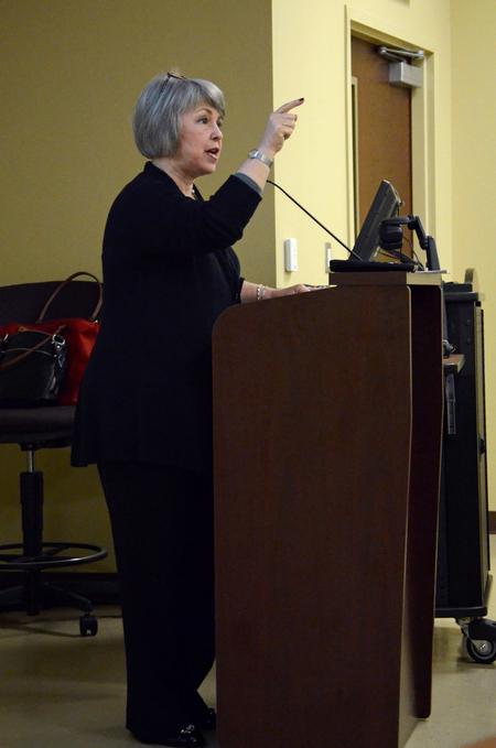 Ann Livingstone, vice president of research and education for the Pearson Peacekeeping Centre, speaks at the "Culture and Crisis" Town and Gown lecture series.  - Photo by Anne Richoux