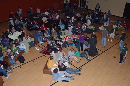 Students gather to watch Captain America in the Bowld Student Commons. - Photo by Anne Richoux