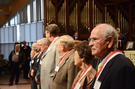 The class of '62 lines up in the G.M. Savage Memorial Chapel after receiving medals during the Homecoming Reunion Chapel. - Photo by Zac Calvert