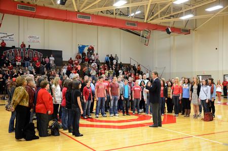 Choral Union, including alumni, perform the Star Spangled Banner during the Lady Bulldog homecoming game against St. Francis. - Photo by Zac Calvert