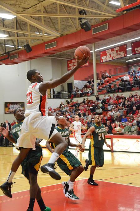 Antoine Hall goes for a lay-up against Belhaven in the Bulldog homecoming game.  Hall scored 12 points in the game, aiding in an 87-66 victory.  - Photo by Zac Calvert