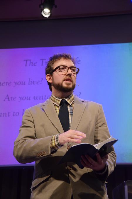 Taylor Worley, associate dean for spiritual life, speaks to a chapel full of students, employees, and visitors on the last Preview Day of the semester.  - Photo by Zac Calvert
