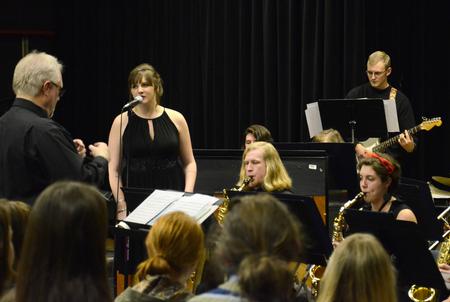 Angela Canestrari, senior music major, sings during the Jazz Band's performance of "Paper Moon." - Photo by Jacob Moore