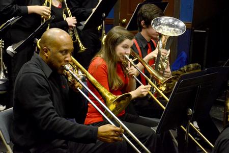 Guest performers James Henning and Judith Bartholomew play trombone during the Fall 2011 Jazz Band Concert. - Photo by Jacob Moore