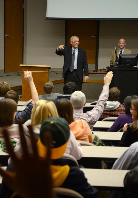 Larry Cox, former vice president with the Southern Baptist Convention’s International Mission Board, speaks on Islam and the results of the Arab Spring during an event held in Harvey Hall.  - Photo by Jacob Moore