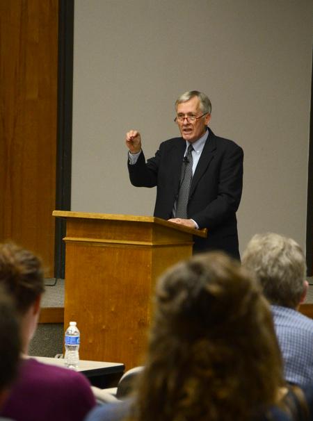Larry Cox, former vice president with the Southern Baptist Convention’s International Mission Board, speaks on Islam and the results of the Arab Spring during an event held in Harvey Hall.  - Photo by Jacob Moore