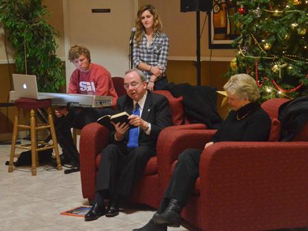 Students gathered in the McAfee commons to hear David S. Dockery  read the Christmas story. This is one of the tradition's during the last weeks of the semester here at Union. David S. Dockery reads the Christmas story from the Bible. - Photo by Morris Abernathy