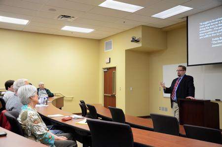 Hunter Baker, associate professor of political science, discusses the changes in American norms in politics and media during the Media, Politics & Democracy Town & Gown session in Providence Hall. - Photo by Zac Calvert