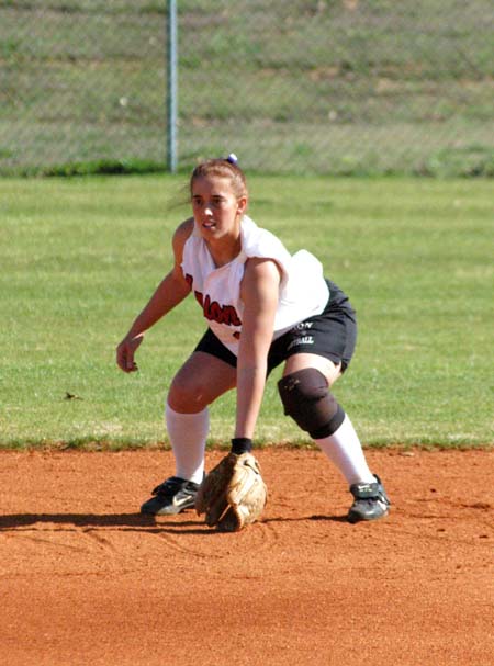 Senior shortstop Amy Mejia (8) gets ready to field her position during a Union win over Cumberland. - Photo by Steven Aldridge