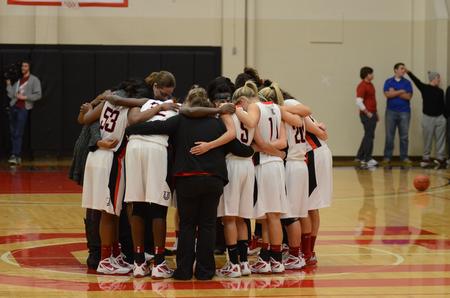 Photo by Jacob Moore
The Lady Bulldogs huddle after a basketball game Feb. 11 against Freed Hardeman at the Fred DeLay Gymnasium. - Photo by Jacob Moore