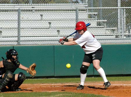 Sophomore Jessica Kee (4) takes a pitch during one of her at bats in Union's win over Cumberland. - Photo by Steven Aldridge