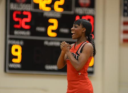 Photo by Jacob Moore
Cheerleader Chelsea Frederick get the crowd excited during a basketball game against Cumberland University Feb. 13 at the Fred DeLay Gymnasium. - Photo by Jacob Moore
