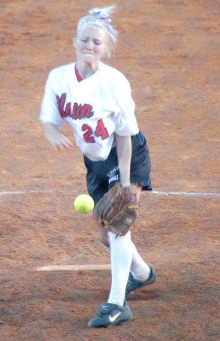 Sophomore pitcher Mary Kosco (24) throws to the plate in a Union win over Cumberland. - Photo by Steven Aldridge