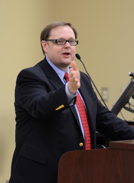 Todd Starnes, host of FOX News & Commentary, speaks at Town & Gown: Media, Politics & Democracy, a lecture series sponsored by the Center for Media, Faith and Culture. - Photo by Jacob Moore