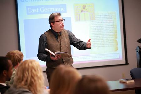Gavin Richardson, professor of English, lectures on East Germanic language during class.  - Photo by Kristi McMurry Woody