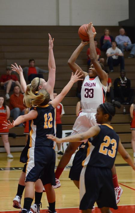 Adenike Dawodo goes up for a shot during a game against Blue Mountain College. - Photo by Jacob Moore