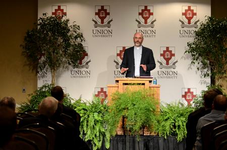 Peter Leithart, senior theology scholar at New Saint Andrews College in Moscow, Idaho, delivers a lecture titled "The Metapolitics of Christendom: Constantine and the Transformation of Rome" in the Carl Grant Events Center.  - Photo by Anne Richoux
