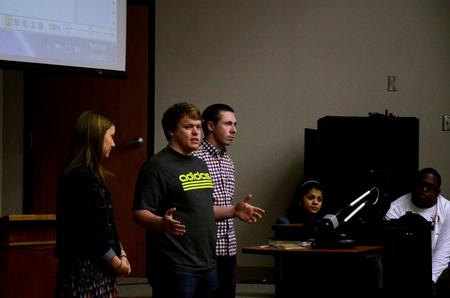 Colby Benefield, sophomore history major, tells student leaders about a proposed bill during Student Senate meeting. - Photo by Anne Richoux