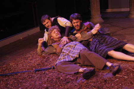 Timothy Kennedy as Malcolm, Andy Morris as Macduff and Jeremy Parker as Ross in <i>Macbeth</i>. - Photo by Jim Veneman