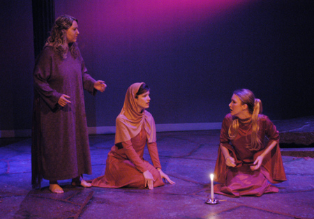 Laura Frost as the Doctor and Elizabeth Berry as the Gentlewoman observe the sleepwalking Allie Campbell as Lady Macbeth in <i>Macbeth</i>. - Photo by Jim Veneman