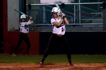 Tobie Joy waits for a pitch from a Freed-Hardeman player during a double-header. - Photo by Anne Richoux