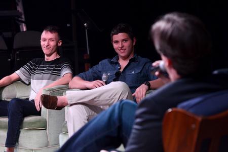Devin Hall, freshman theatre/speech major, and Peyton Penuel, freshman digital media studies major, listen to a question asked by Chris Blair, professor of communication arts, during the Student Film Festival. - Photo by Jacob Moore