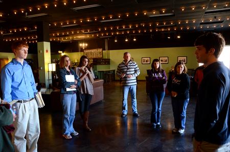Andy Seaton (right), senior Christian studies major and Union ambassador, gives a group of perspective students a tour of Barefoots Joe. - Photo by Ebbie Davis