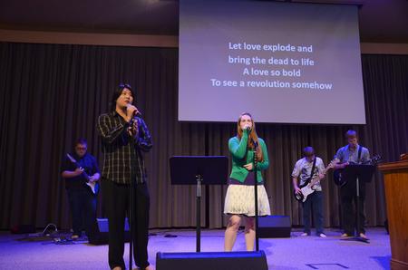 Stephen Charlton, James Liu, Emily Anthony, Blake Giles, and Robert Walker, members of the college praise band at FBC Humboldt, lead music in chapel. - Photo by Zac Calvert