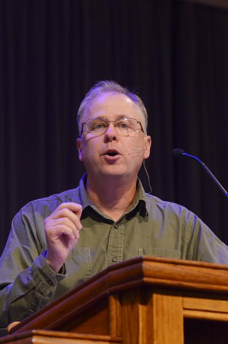 Greg McFadden, pastor of First Baptist Church in Humboldt, speaks in chapel about worship being the key to having passion for Christ and the need for daily worship in our public and private lives.  - Photo by Zac Calvert
