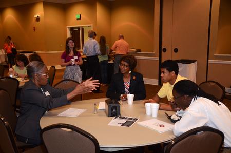 Patricia Porter, transfer enrollment counselor, speaks with perspective student Simone Cage about Union on preview day. - Photo by Zac Calvert