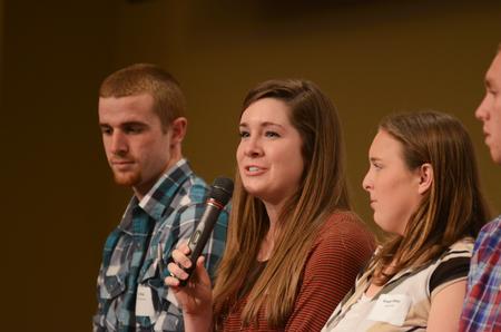 Rachel Clardy, sophomore business administration major (center), Trey Weise, junior philosophy major, and Kristen Miller, sophomore business administration major, speak to perspective students in the Carl Grant Events Center about different aspects of campus life and activities.  - Photo by Zac Calvert