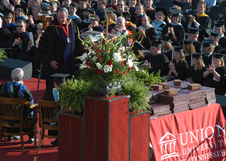 President Dockery introduces platform speakers at spring commencement. - Photo by Kristen Hiller