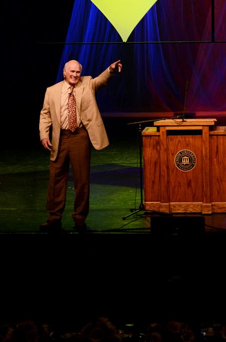 Terry Bradshaw, Fox sports analyst, laughs while recounting stories from his days as a Pittsburgh Steelers quarterback during his keynote address at the Roy L. White Legacy Golf and Gala. - Photo by Anne Richoux
