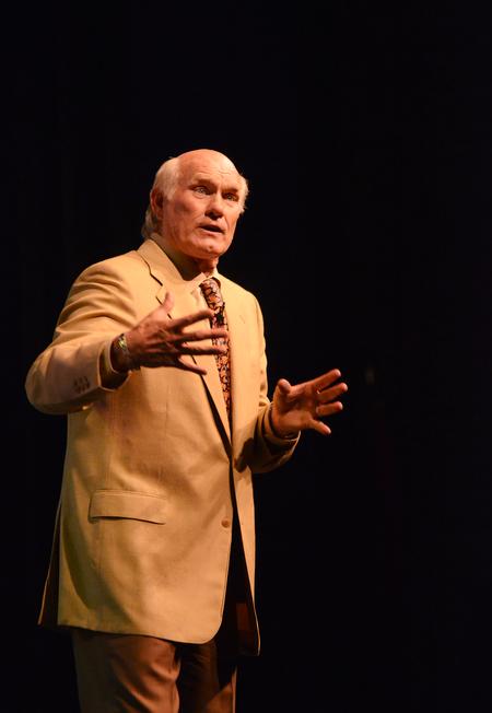 Keynote speaker Terry Bradshaw, former NFL quarterback and current FOX Sports analyst, speaks to donors and guests about the impact his past experiences have had on his life during the Roy L. White Legacy Golf & Gala. - Photo by Zac Calvert
