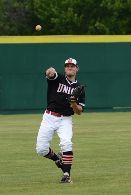 Kian Jost, senior mechanical engineering major, throws from the outfield during a game against the Bulldogs of Cumberland University. - Photo by Jacob Moore