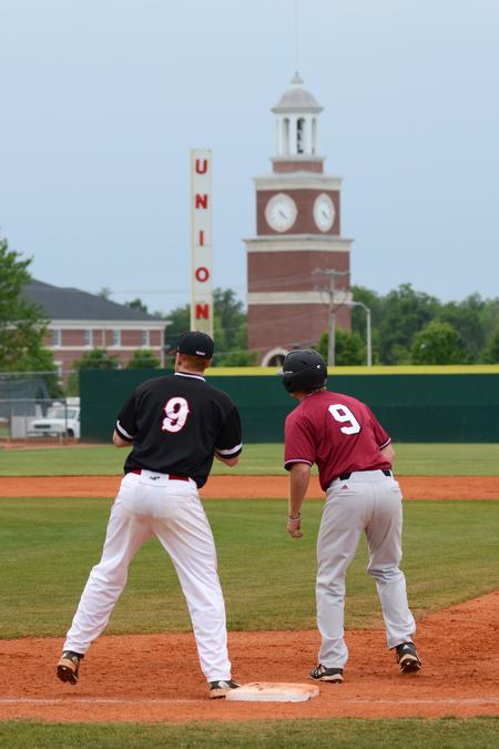 Kody Pinson guards first base during the first game of the TransSouth Conference Tournament against Cumberland University. - Photo by Jacob Moore