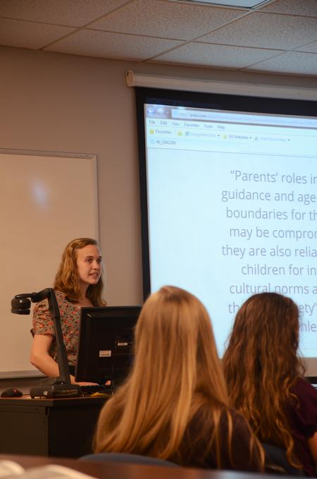 Megan Bailey, senior intercultural studies major, presents her capstone on the difficulties of being a second-generation immigrant during the Ninth Annual Scholarship Symposium.

 - Photo by Zac Calvert