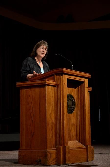 Mary Ann Poe, professor of social work and BSW program director, speaks on Matthew 4:18-25 in chapel.  - Photo by Anne Richoux