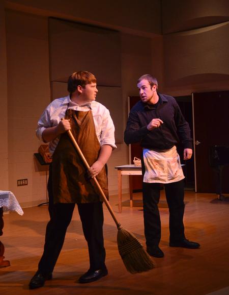 Jed Dugger, senior music major, and Greg Hines, junior musical performance major, perform a scene from Albert Herring during an opera workshop in Hartley Recital Hall. - Photo by Zac Calvert