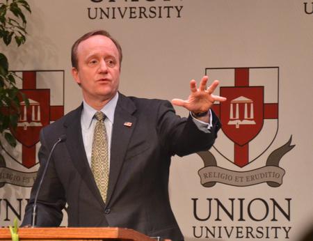Paul Begala, CNN political analyst, delivers a lecture touching on democracy and the current election at the 13th annual Union Forum. - Photo by Morris Abernathy