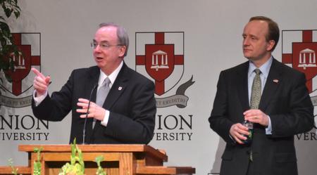 David S. Dockery, president of the university, takes questions from the audience after Paul Begala's address at the 13th annual Union Forum luncheon lecture series. - Photo by Morris Abernathy