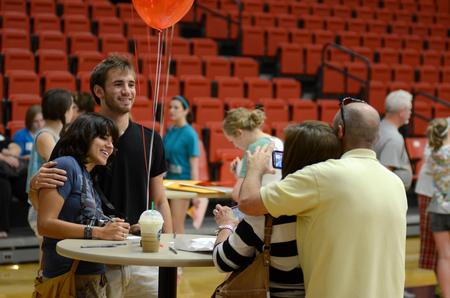 Ashley Linden and Taylor Brazil pose together for a picture during new student move-in day. - Photo by Jacob Moore