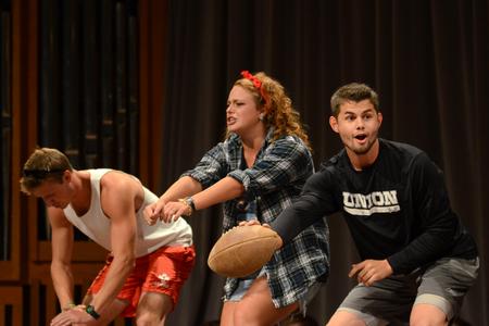 Focus leaders perform "If I Was a Focus Leader" for the incoming freshmen and transfer students during the annual Focus Show. - Photo by Jacob Moore