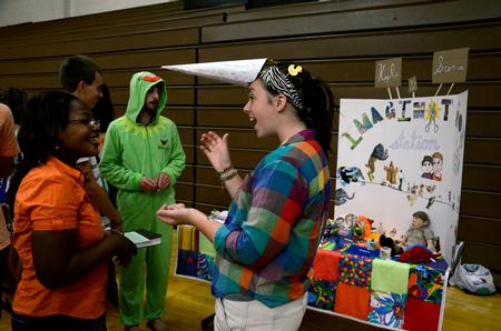 Sierra Owens-Hughes (right), sophomore intercultural studies major,  chats and laughs with Jeanine Memba, freshman nursing major, during the LifeGroup Fair. - Photo by Anne Richoux