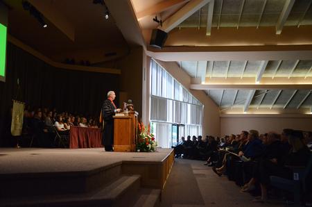 David S. Dockery, president of the university, addresses Union students, faculty and staff in the George M. Savage Memorial Chapel during Fall Convocation about mission-minded example of Lottie Moon. - Photo by Zac Calvert
